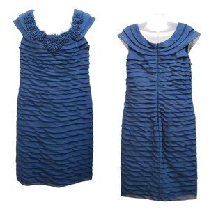 Adrianna Papell Tiered Shutter Pleat Dress Floral Neckline Event Teal Size 14